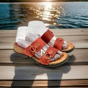 Clarks Brown Leather Slide Sandals 2 Strap Low Wedge Brass Ring Slip On size 7M